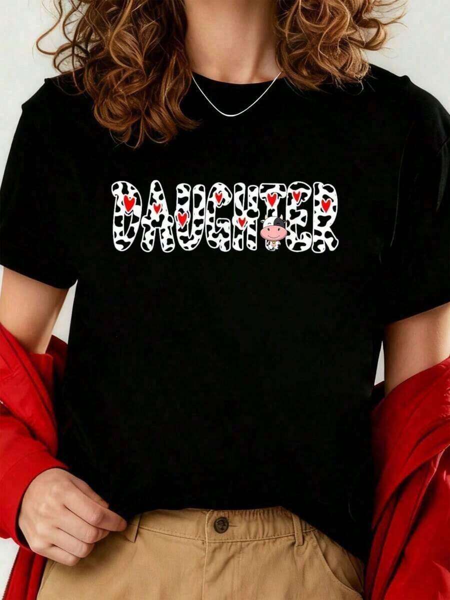 Camiseta divertida con estampado de vaca para hija, patrón de vaca, camiseta de granjero para el Día de la Madre, camisetas gráficas para mujeres, tops cortos de verano, atuendos de verano para mujeres, camisetas - Negro - Ver 1