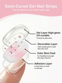 16 piezas de pegatinas de gel para uñas con degradado de melocotón y brillo, rosa nude suave con destellos plateados dispersos y rhinestones, transparente y vibrante con un toque juvenil. Fórmula de gel delgada que se adhiere de cerca a la curva de la uña, duradera y de larga duración después del curado LED. Fácil aplicación para principiantes para crear un aspecto de manicura delicado y dulce - Multicolor - Ver 3