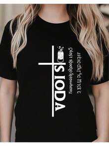Camiseta para mujer con gráfico de fe cristiana, diseño de cruz y botella de refresco, ropa casual cómoda y elegante para la vida diaria.Camiseta de mujer de diseño casual holgado, holgada y ligeramente extralarga - Negro - Ver 2