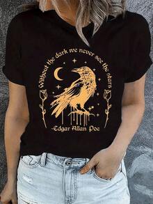 Camiseta Casual para Mujer de ComfortablePrint, Cuello Redondo, Manga Corta, Tela Ligeramente Elástica, Estilo Regular, Top Cómodo para Todas las Temporadas, Ropa para Mujer, Camiseta Holgada y Versátil de Manga Corta para Mujer - Negro - Ver 1