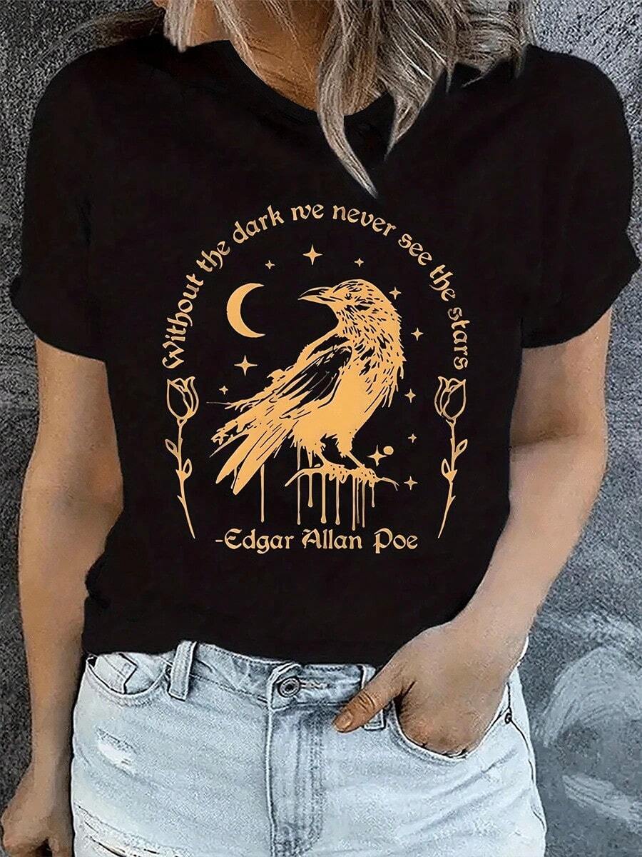Camiseta Casual para Mujer de ComfortablePrint, Cuello Redondo, Manga Corta, Tela Ligeramente Elástica, Estilo Regular, Top Cómodo para Todas las Temporadas, Ropa para Mujer, Camiseta Holgada y Versátil de Manga Corta para Mujer - Negro - Ver 1