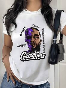 Artistic Face With Purple Cap Representing Inner Strength, Inspiration And Perseverance With Motivational Text About Achieving Greatness, Modern Casual Women's T-Shirt Comfortable For Everyday Wear - White - View 8