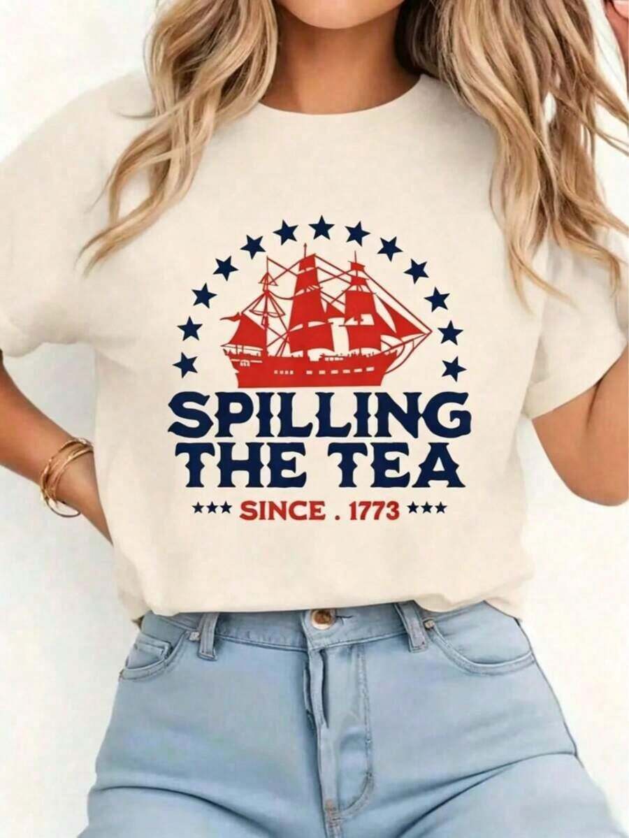 Camiseta Casual de Vacaciones para Mujer, 1 Pieza, Divertida, con Estampado del 4 de Julio "Derramando el Té Desde 1773", Camiseta Casual de Cuello Redondo y Manga Corta, Cómoda, para Primavera y Verano, Ropa de Mujer, 180g, Conjuntos de Verano para Mujer, Tops de Algodón Brillante, Camisetas Casuales de Manga Corta - Albaricoque - Ver 1