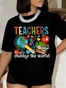 Women's Vintage T-Shirt With "Teachers Change The World" Print, Short Sleeve, Round Neck, Teacher's Day Gift, School Education, Graphic Tee - 黑色 - 查看 6