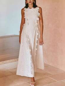 Vestido largo verano mujer encaje bordado lazos elegante ajustado estilo vacaciones moda europea - Blanco - Ver 1