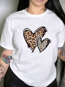 Women's Plus Size Oversized T-Shirt With Heart And Leopard Print - Chic Casual Clothing For Women, Women's Casual Graphic Print T-Shirt | Summer 2026 - 白色-1 - 查看 2