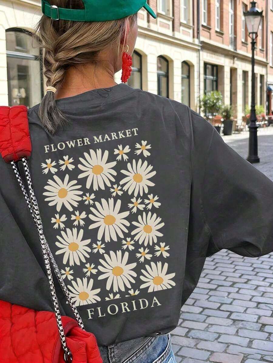 Women's Loose Fit T-Shirt With Sunflower And Letter Print, Short Sleeve And Round Neck, Casual And Modern, Ideal For Spring, Holidays And Outings - 深灰色 - 查看 1