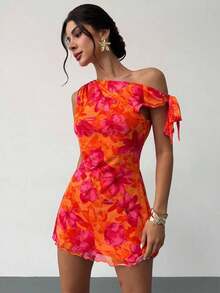 Elegant Off-The-Shoulder Floral Vacation Dress, Floral Mesh Dress, Asymmetrical Neckline Dress, Perfect For Spring/Summer, Beachwear, Elegant, Vacation, Beach, Hawaii, Date, Music Festival, Graduation, Prom - 橘色 - 查看 4