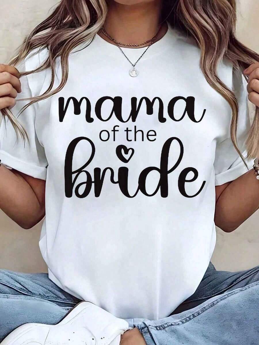 Camiseta Moderna Minimalista para Mujer, con Estampado 'Mamá de la Novia', Cuello Redondo, Estilo Casual, Regalo de Boda, para Uso Diario - Blanco - Ver 1