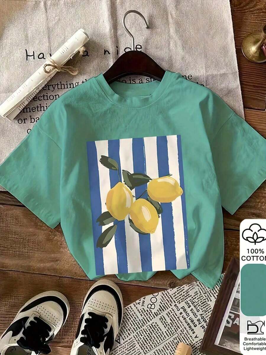 Women's Short-Sleeved T-Shirt, 100% Pure Cotton, With Lemon Print, Versatile (7) Women's T-Shirt With Vintage Retro Print, 100% Cotton - 綠色 - 查看 1