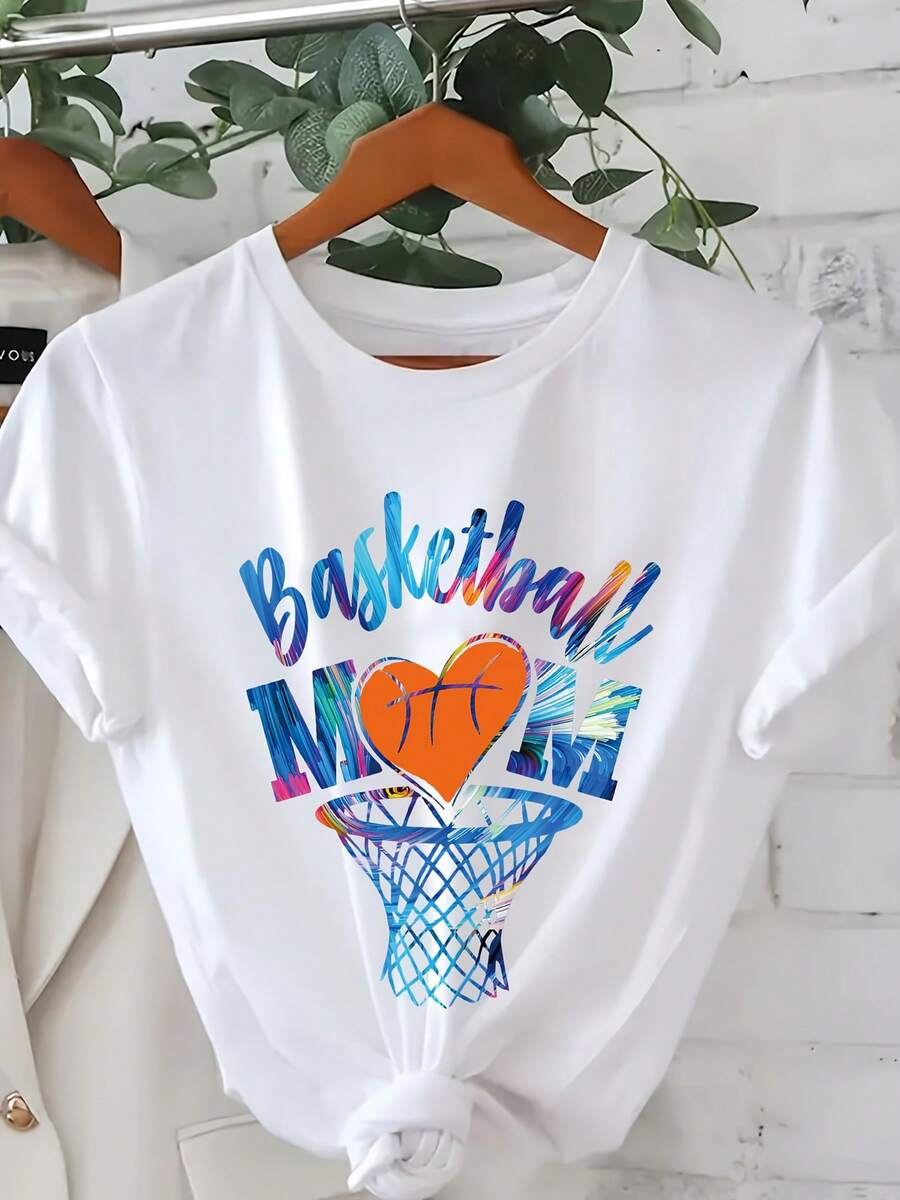 Camiseta de Mujer Talla, Cuello Redondo, Estampado de Corazón, Baloncesto y Letras en Degradé de Colores - Blanco - Ver 1