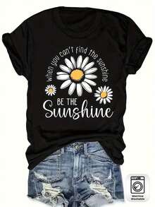 Sunshine-Shirt Women's 'Be The Sunshine' Daisy & 'Be The Sunshine' Lettering Retro T-Shirt - Soft Round Neck Casual Tee With Black & White Flower/Inspirational Print, All-Season Comfort Fit For Casual Attire, Machine Washable - 黑色 - 查看 1