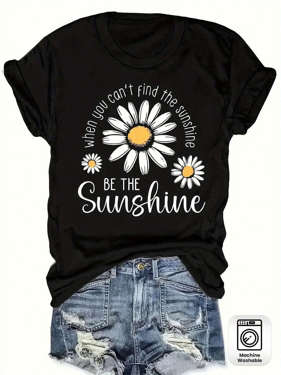 Sunshine-Shirt Women's 'Be The Sunshine' Daisy & 'Be The Sunshine' Lettering Retro T-Shirt - Soft Round Neck Casual Tee With Black & White Flower/Inspirational Print, All-Season Comfort Fit For Casual Attire, Machine Washable - 黑色 - 查看 1