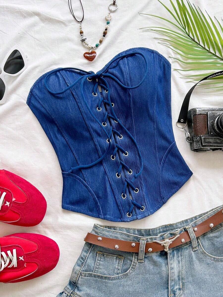 Top corto de suede sexy con lazo, remaches y diseño deconstructivo, adecuado para vacaciones, citas, té de la tarde, vacaciones, festivales de música, estilo bohemio, cruceros, playa, verano - Azul - Ver 1
