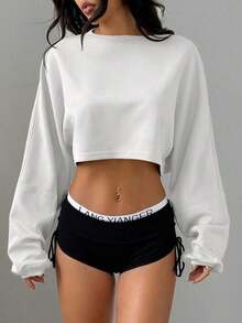 Solid Color Loose Cropped Women Top Black Spring - Blanco - Ver 6