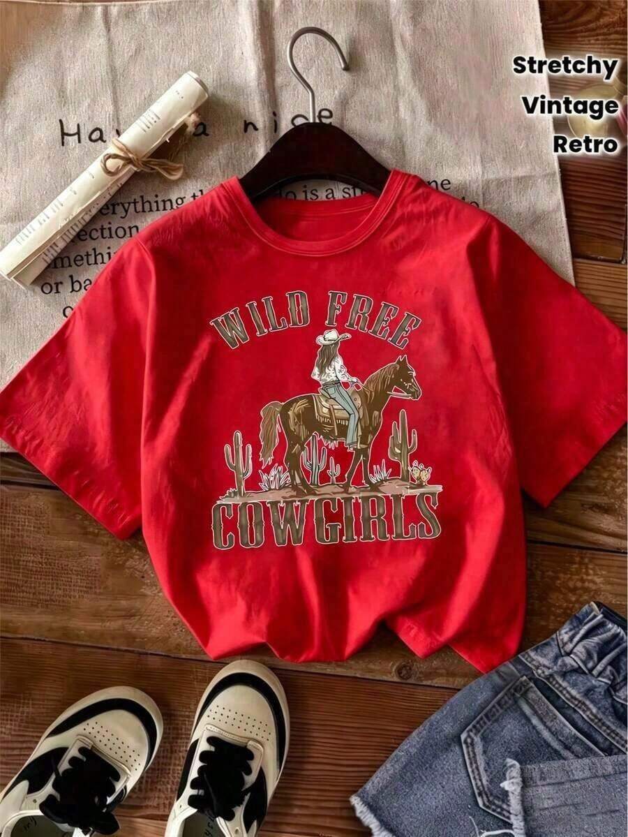 Camiseta Holgada Sencilla Mujer Estilo Moderno Ropa de Mujer: Camiseta de Mujer con Estampado de Vaquero del Oeste - Diseño de fuente y estampado de vaquero, con motivos de cactus y sombrero de vaquero - Cuello redondo, manga corta, camisa casual de estilo vintage, adecuada para primavera y verano, camisa de mujer lavable a máquina. Camiseta Mujer Estampado Gráfico Verano 2026 - Rojo - Ver 1