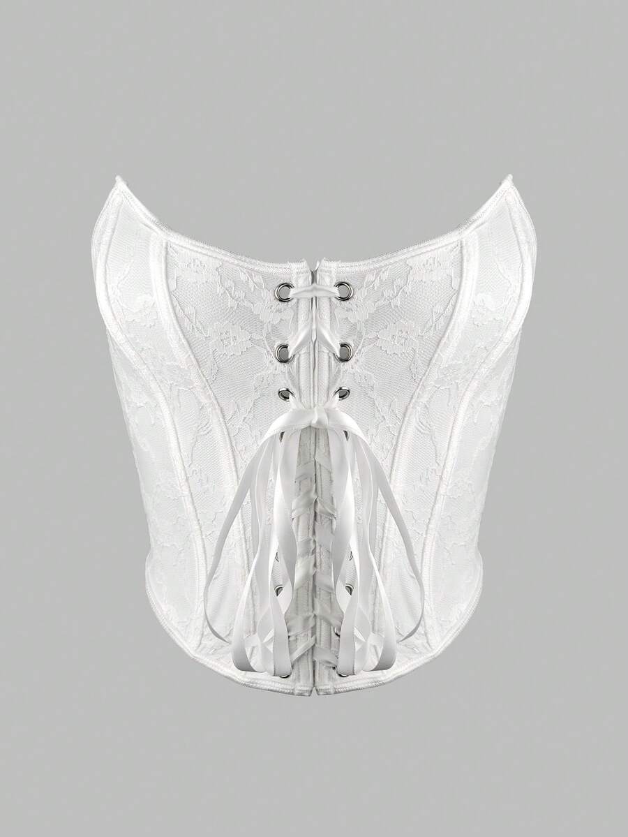 White Lace-Up Strapless Cropped Top, Essential Summer Style - White - View 1
