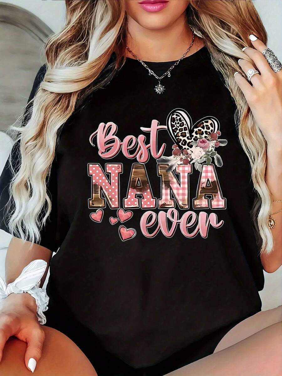 Camiseta Casual para Mujer 2026 - Estampado "La Mejor Abuela", Cuello Redondo, Mangas Cortas, Tela Ligeramente Elástica, Cómoda y Elegante para Todas las Temporadas, Camiseta - Negro - Ver 1