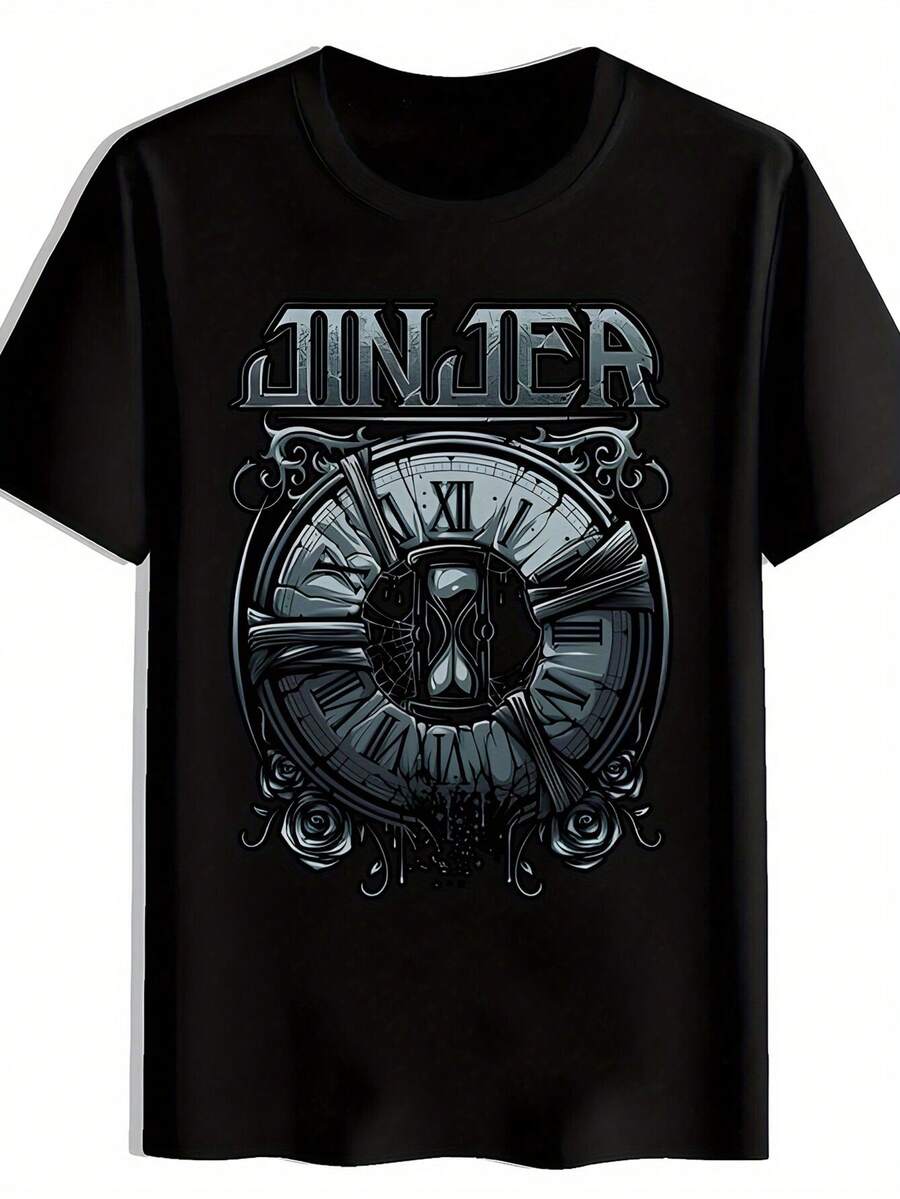 Camiseta de hombre JINJER - Diseño de calavera y reloj, camiseta casual de cuello redondo, con diseño de JINJER, adecuada para uso casual, conciertos, fitness y atuendos diarios, blusas para mujer, blusas, blusas casuales para damas, blusas casuales para damas, tops de mujer, tops, unisex. - Negro - Ver 1