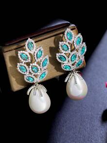 1 Đôi bông tai ngọc trai dáng dài hình lá lớn đính đá Cubic Zirconia màu xanh lá cây sang trọng dành cho nữ, thích hợp cho đám cưới, tiệc tùng, trang sức cô dâu. - màu xanh lá - Xem 6