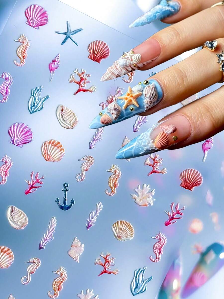 5D Ocean Nail Art Stickers Embossed Starfish Seashell Seahorse Coral Decals Self-Adhesive Beach Nail Sliders For Summer Manicure