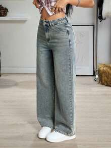 Jeans de mezclilla de unicolor minimalista para uso diario de mujer - verde menta - Ver 4