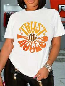 New Women's Summer Casual T-Shirt - Colorful Letter Print, Vibrant Crew Neck, Medium Stretch, Machine Washable, Opaque Material, Perfect For Thanksgiving Parties And Everyday Casual Wear. Unisex Loose-Fitting Cotton Short-Sleeve Crew Neck T-Shirt With An Urban Vintage Style - 白色 - 查看 6
