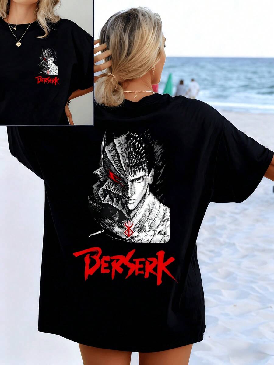 Warrior With Dark Helmet And Defiant Gaze Symbolizes Inner Strength And Indomitable Spirit With Details That Evoke Struggle And Courage. Women's Double-Sided Printed T-Shirt, Casual And Comfortable For Summer Beach - 黑色 - 查看 1