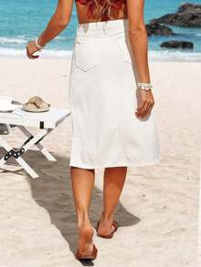 vaquera de mujer casual con abertura lateral de unicolor, adecuada para looks de vacaciones en la playa y festivales de música - Blanco - Ver 2
