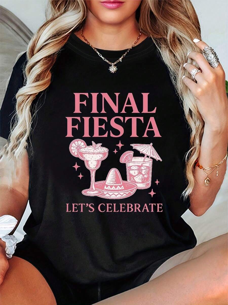 Women's Black T-Shirt, 100% Cotton, With Pink "FINAL FIESTA LET'S CELEBRATE" Print And Mexican Hat Design - Vintage Short-Sleeved Crew Neck T-Shirt, Solid Color And 220 G/M², Suitable For Cinco De Mayo, Summer Festivals And Casual Wear - Unisex Style - Everyday T-Shirts. - 黑色 - 查看 1