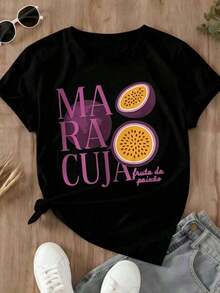 New Women's Summer Casual T-Shirt With Passion Fruit Print, Urban Vintage Style, Unisex, Cotton, Short Sleeve, Round Neck - 黑色 - 查看 2
