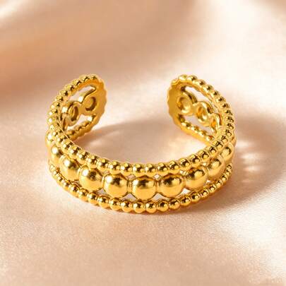 1pc Elegant 18K Gold Plated Stainless Steel Bead Open Ring For Women Daily Wear, Vintage Jewelry