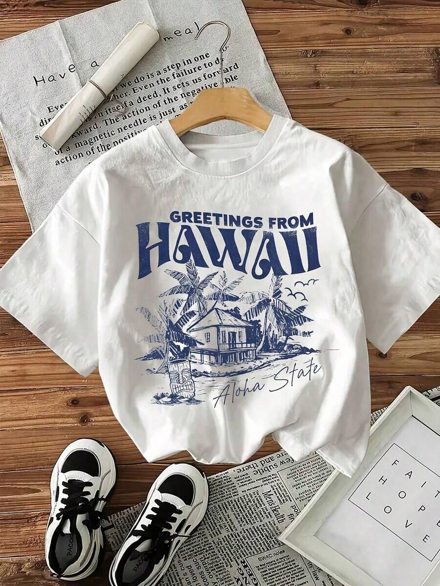Graphic Print Short Sleeve Crew Neck T-Shirt, Casual Spring And Summer Top, Women's Clothing, Women's Blouses, Shirt - 白色 - 查看 1