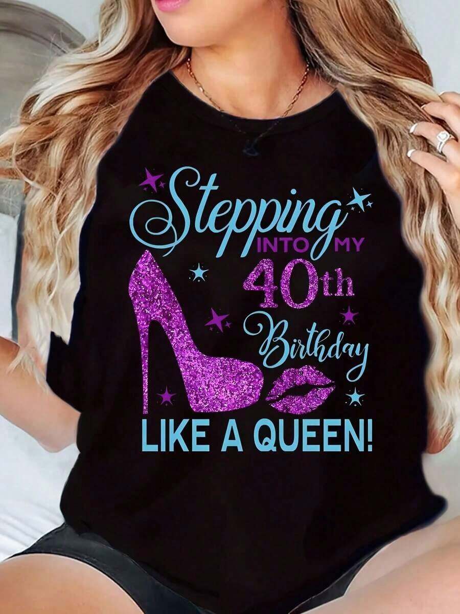 Women's Crew Neck T-Shirt With Sparkly High Heel And "40th Birthday Queen" Print, Casual Celebration Top - 黑色 - 查看 1