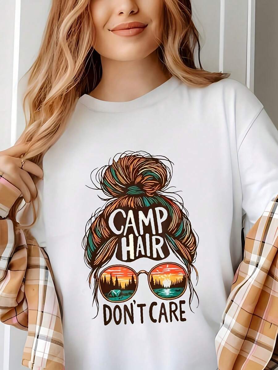 1 Piece Of Funny Camping T-Shirt For Women And Unisex With The Phrase "Camping Hairstyles Don't Matter" - 100% Lightweight And Breathable Short Sleeve T-Shirt, With Messy Bun And Campfire Design, Pine Tree Design, Suitable For Outdoor And Summer Use - Soft Crew Neck Casual T-Shirt, 180g, 100% Cotton. - 白色 - 查看 1