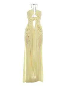 Halter Dress With Sheer Mesh Back, Open Back, Beach Vacation Style - Yellow - View 5
