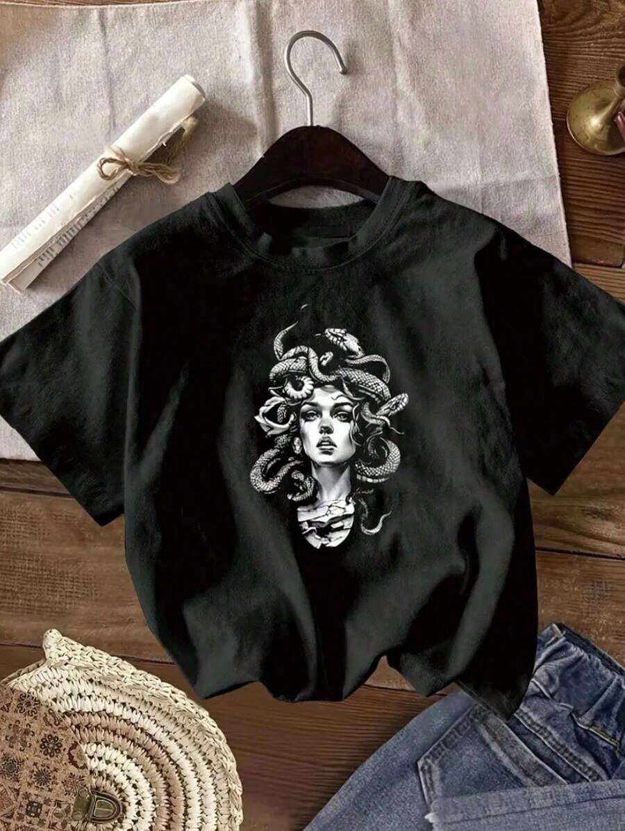 100% cotton Blusa casual de estilo callejero de moda con cuello redondo, manga corta y estampado de Medusa para mujer - Negro - Ver 1
