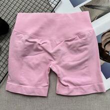 Pantalones cortos de yoga sin costuras de cintura alta para mujer - Levantamiento de glúteos elástico, adecuado para correr, fitness y actividades al aire libre| Apariencia de moda| Tela elástica de verano - Rosa - Ver 2