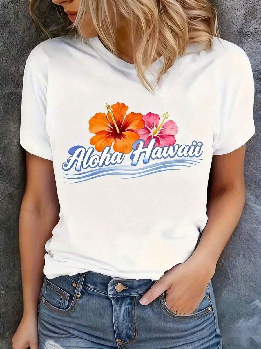 1 Piece Women's Clothing Set With Orange And Pink Hibiscus Pattern, "Aloha Hawaii" Words And Blue Wave Pattern, Casual Sports Round Neck Clothing, Beach Vacation Fashion, Women's Winter Clothing, Christmas Gift, Autumn Clothing, Ladies Blouses - 白色 - 查看 1
