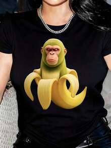 New Arrivals For Summer. Women's Short-Sleeved Crew Neck T-Shirt With A Fun Monkey Print - Casual Summer And Spring Top, Black With A Green Cartoon Design, Lightweight Fabric, Machine Washable, Casual Wear, Fun Print T-Shirt, Lightweight Blouse. - 黑色 - 查看 1