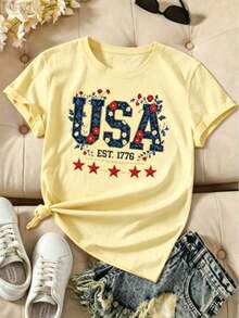 Women's American Patriotic T-Shirt With Vintage 1776 Design - Casual Red Short Sleeve Crew Neck Top With Stars And Stripes Design, All-Season Comfort, Machine Washable, Sizes S-XXL, American Flag T-Shirt - 黃色 - 查看 1