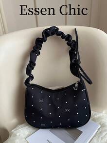 1 chiếc túi đeo vai/túi dưới cánh tay bằng nylon màu đen xếp ly dành cho nữ, hàng mới về mùa hè với điểm nhấn nơ. - màu đen - Xem 7