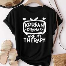 Fashionable Women's Sports T-Shirt With Graphic Print "Korean Dramas Are My Relaxation", Casual Everyday Wear, Round Neck And Short Sleeve, Comfortable Top - 黑色 - 查看 1
