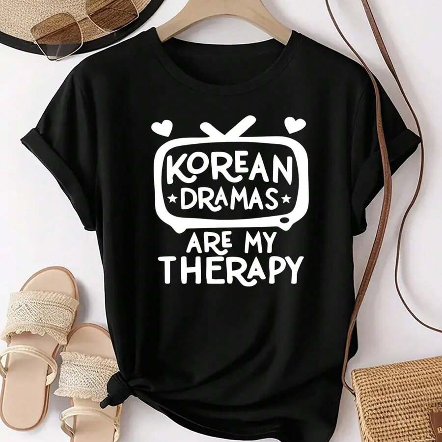 Fashionable Women's Sports T-Shirt With Graphic Print "Korean Dramas Are My Relaxation", Casual Everyday Wear, Round Neck And Short Sleeve, Comfortable Top - 黑色 - 查看 1