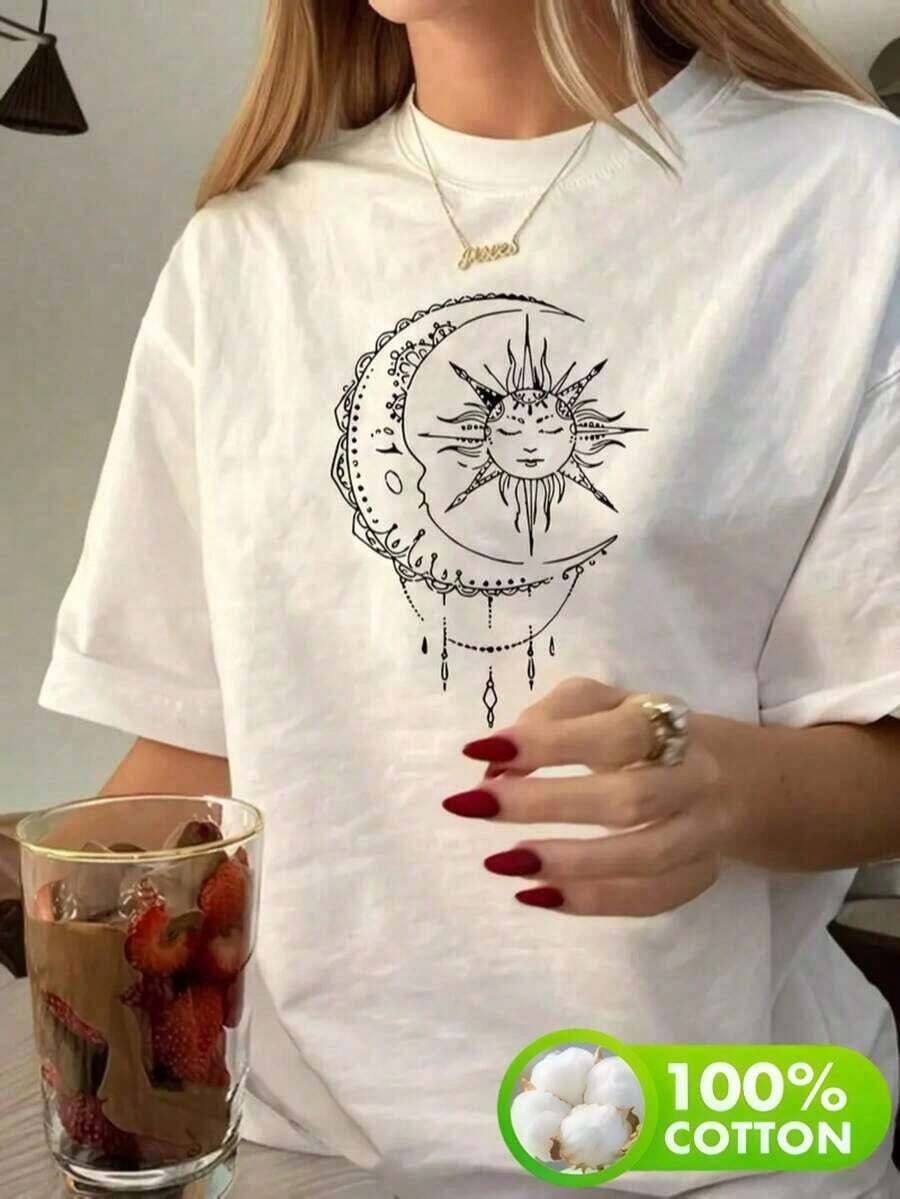 Short-Sleeved T-Shirt With Sun And Moon Graphic Design, Mystical Day And Night, Round Neck, Modern Casual Style. Pure-Cotton - White - View 1