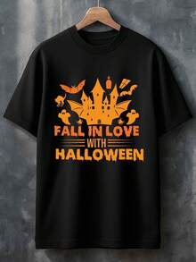 1pc Men'S Heavyweight Clothesgsm Black Halloween T-Shirt | Spooky 3D Dancing Skeletons, Bats & Witches Hat Print With Fall In Love With Halloween Slogan, Short Sleeve Round Neck Casual Edgy Fashion, Unisex Apparel, Soft, Quick Dry, Machine Washable - 黑色 - 查看 8