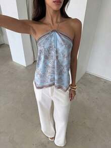 Blusa de mujer elegante con cuello de halter, estampado de tinte anudado y gasa para vacaciones en la playa - Celeste - Ver 4