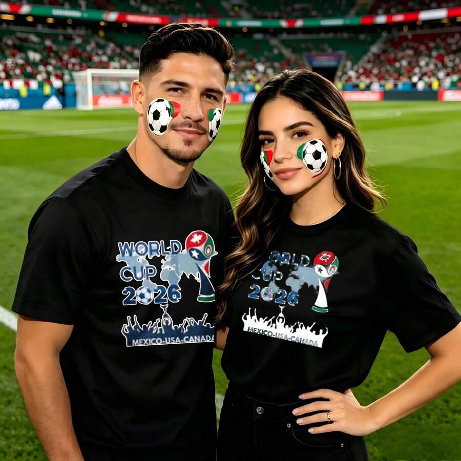 Couple Football Pattern T-Shirt, 100% Cotton, Loose Fitting, Soft And Breathable, Casual Round Neck Short Sleeved Top World Cup 2026 Mexico Usa Canada Printed Patterns, Dating, Leisure Travel, Gatherings, Simple Cartoon Printing Style, High Cost-Effectiveness Suitable For Watching Live Sports Games, - 黑色 - 查看 1
