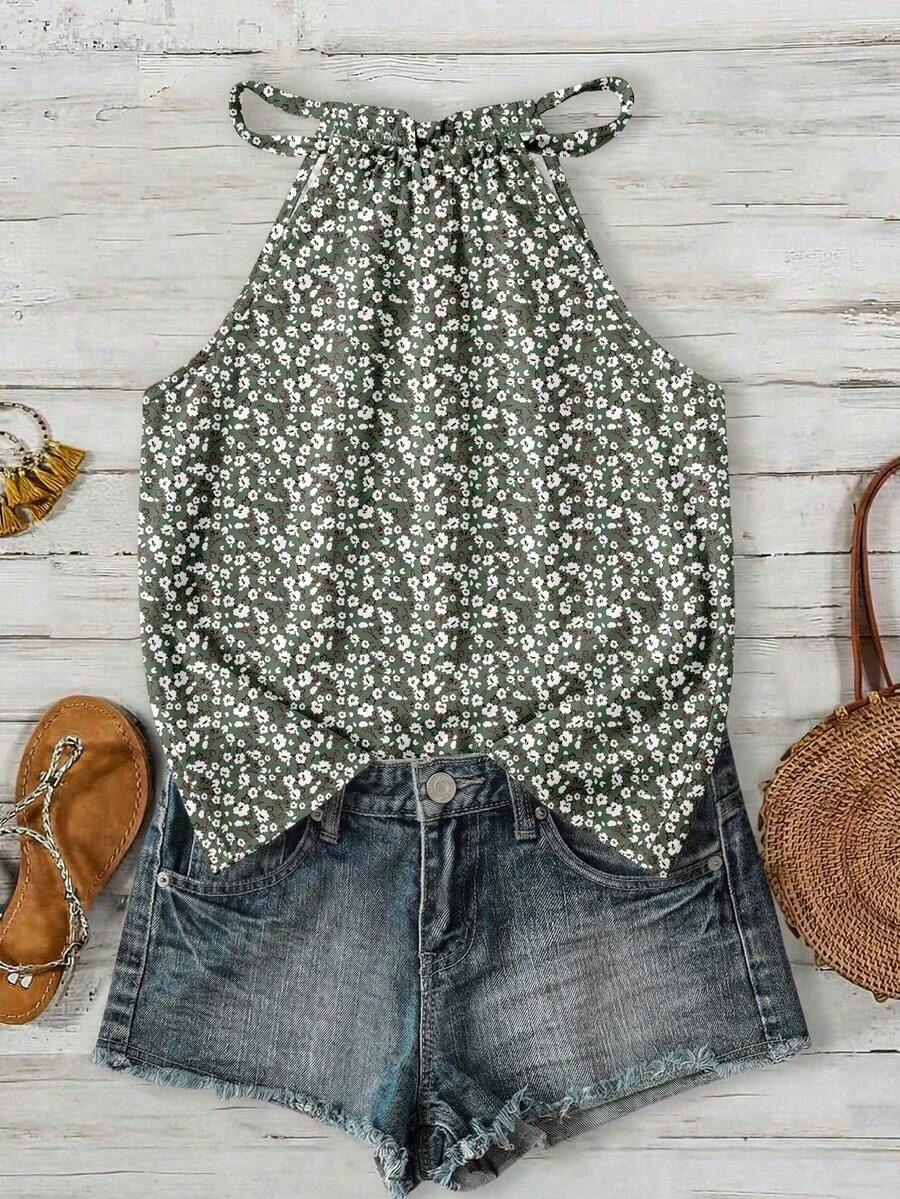 Camiseta de tirantes de algodón de unicolor y versátil para mujer, adecuada para primavera y verano - Verde - Ver 1