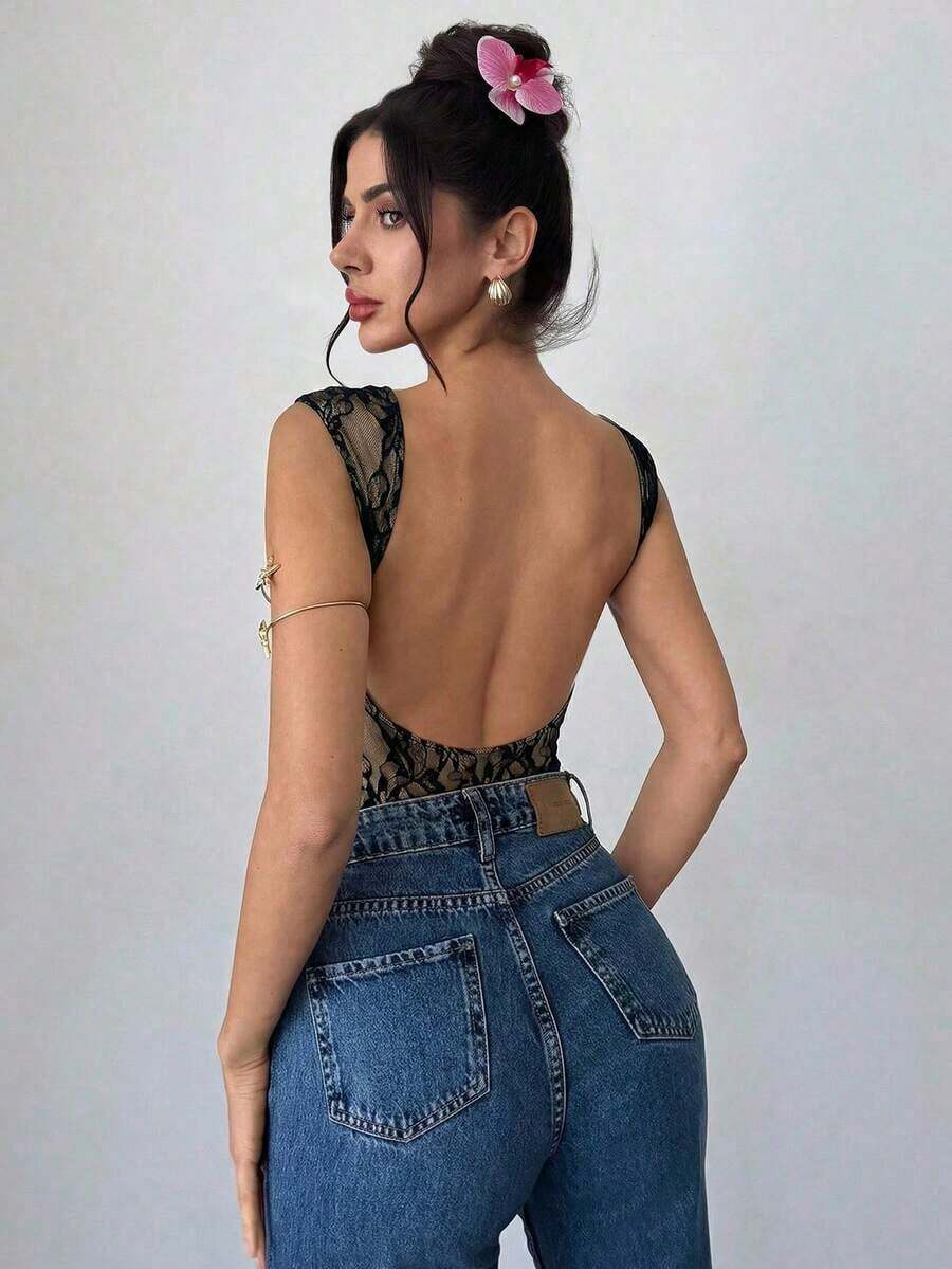 Body de unicolor con escote pronunciado y espalda descubierta, sexy y versátil para vacaciones y fiestas - Negro 4 - Ver 1